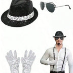 Michael Jackson Costume Accessories Set - Sequin Fedora Hat + Rhinestone Gloves + Aviator Sunglasses, Halloween Cosplay Party Dr