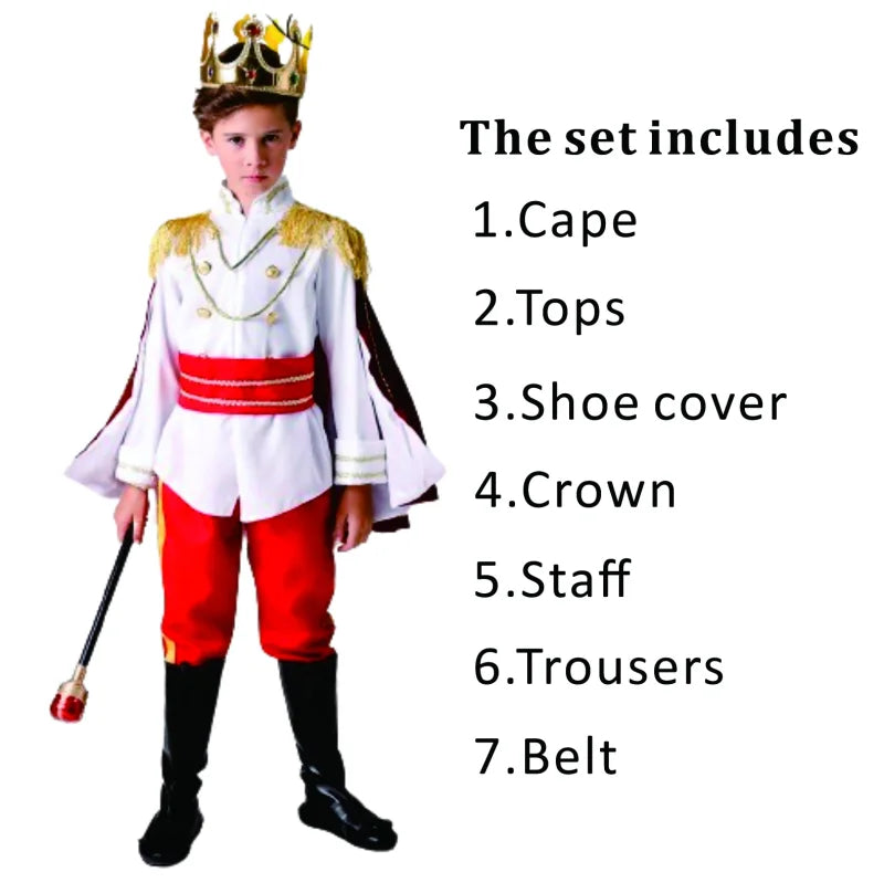 7 Pieces King Carnival Costume Medieval Royal Red Prince Full Set Outfits Halloween Birthday Party Fancy Dress Up Cosplay Wear
