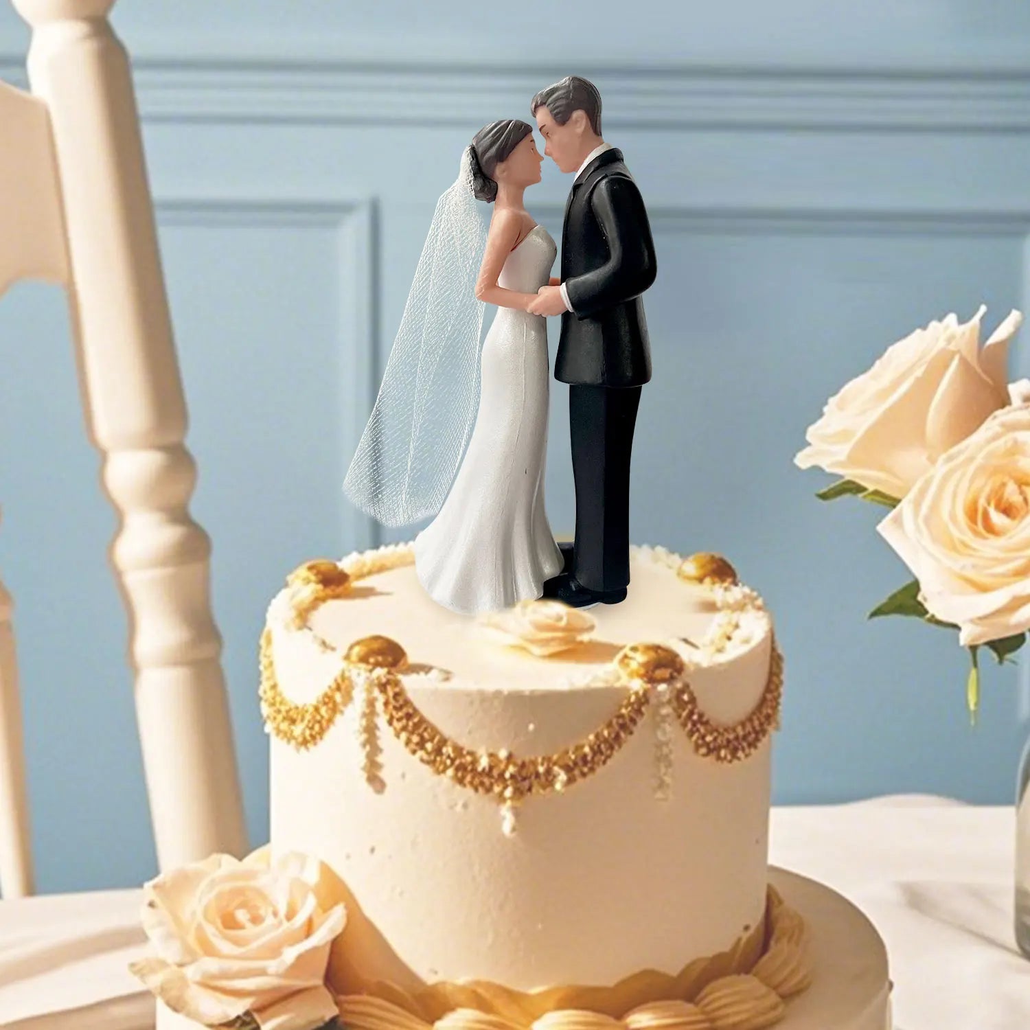 Elegant Bride & Groom Wedding Cake Topper with Veil 4.3" - Anniversary, Bridal Shower, Engagement Party Decoration