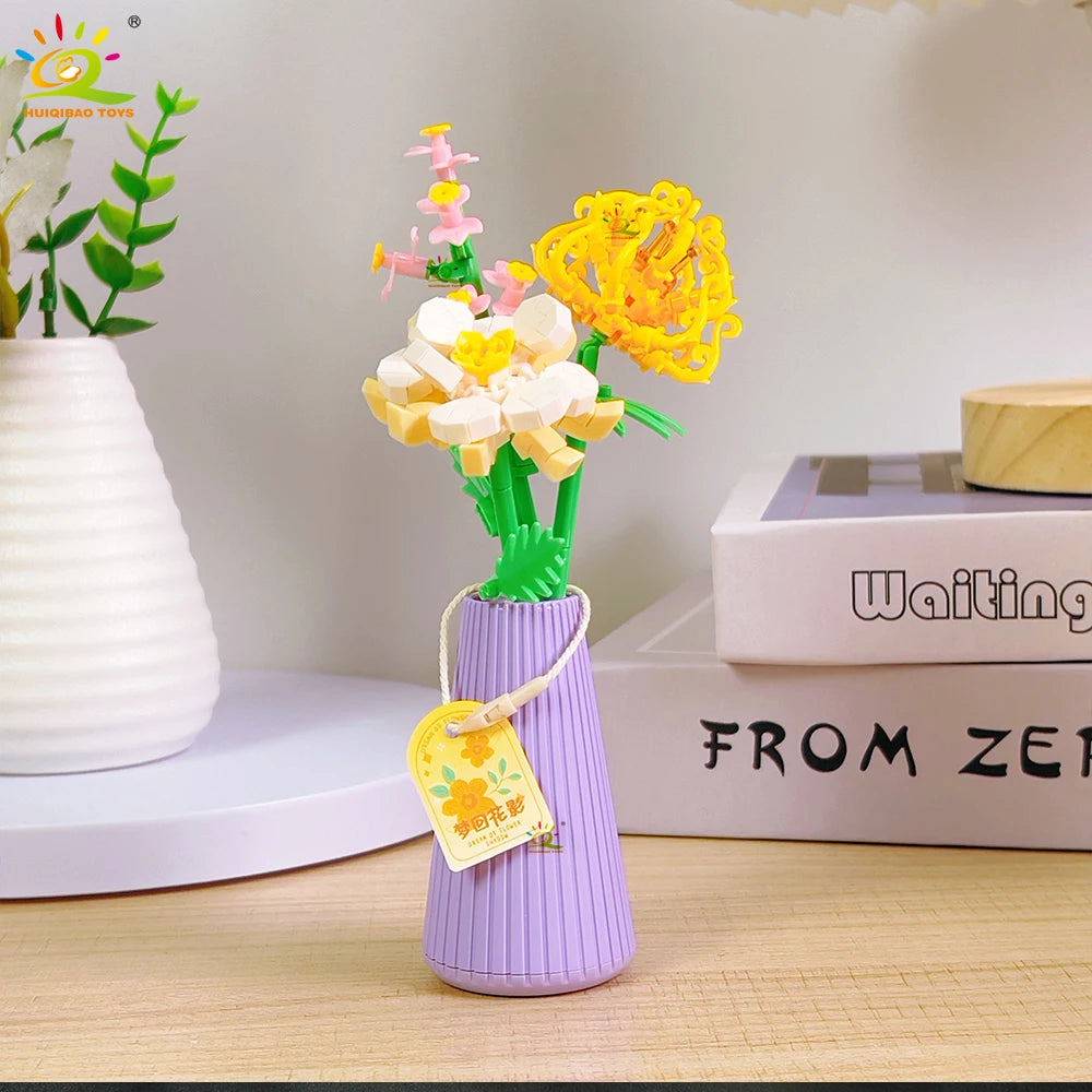 HUIQIBAO MOC Flower with pot Micro Building Block Sunflower Mini Model Bricks set Flowers Toys for Adults home Desk Decoration