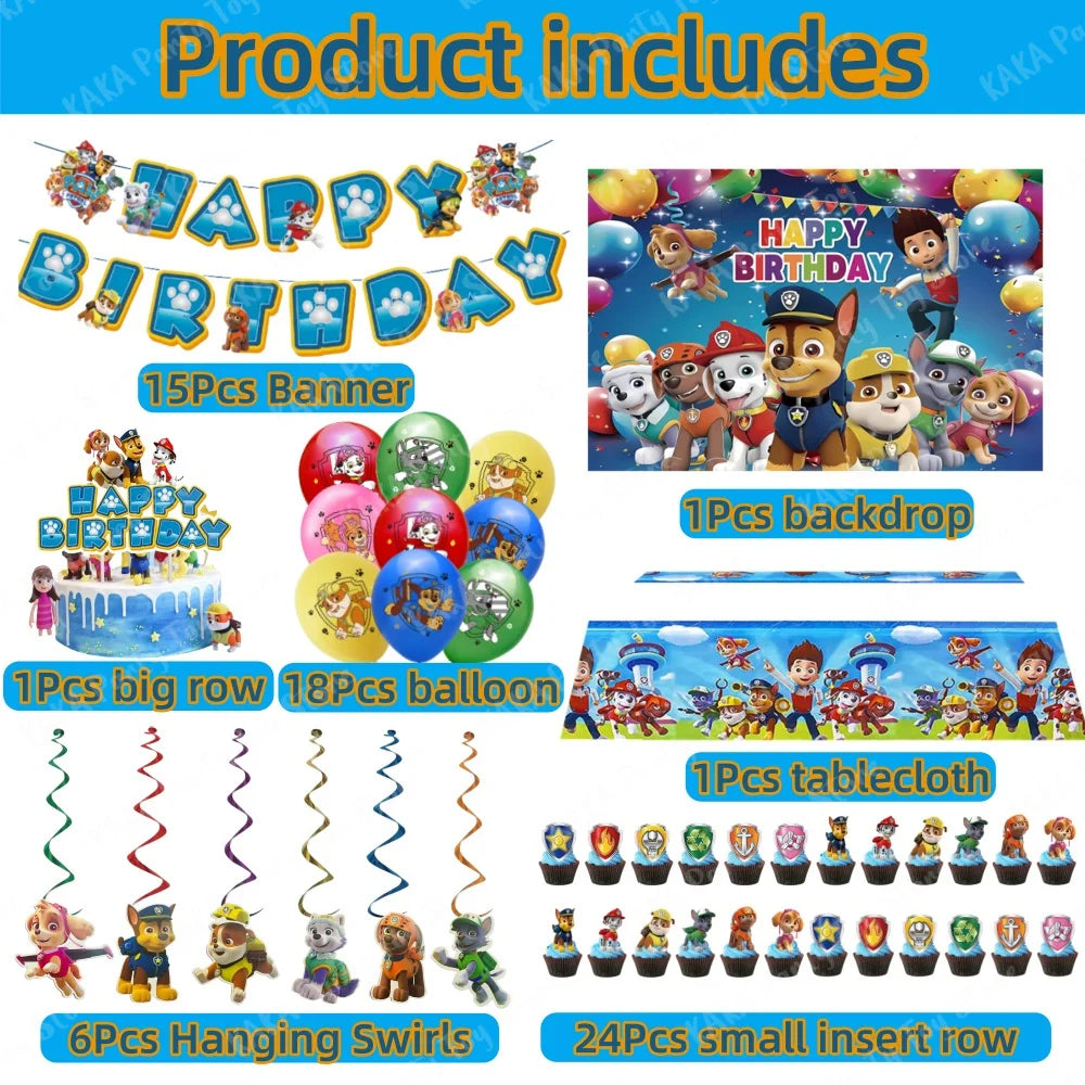 66Pcs Paw Patrol Birthday Decoration Set Latex Balloons Hanging Swirls Banner Backdrop Tablecloth for Kids Party Event Supplies
