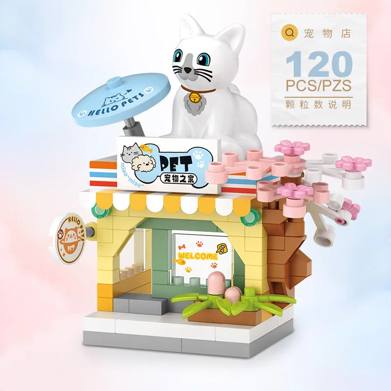 Mini ABS Self-Locking Bricks Street View Blocks Panda Coffee Ice Cream Flower Shop DIY Toy for Kids Girls Birthday Gift