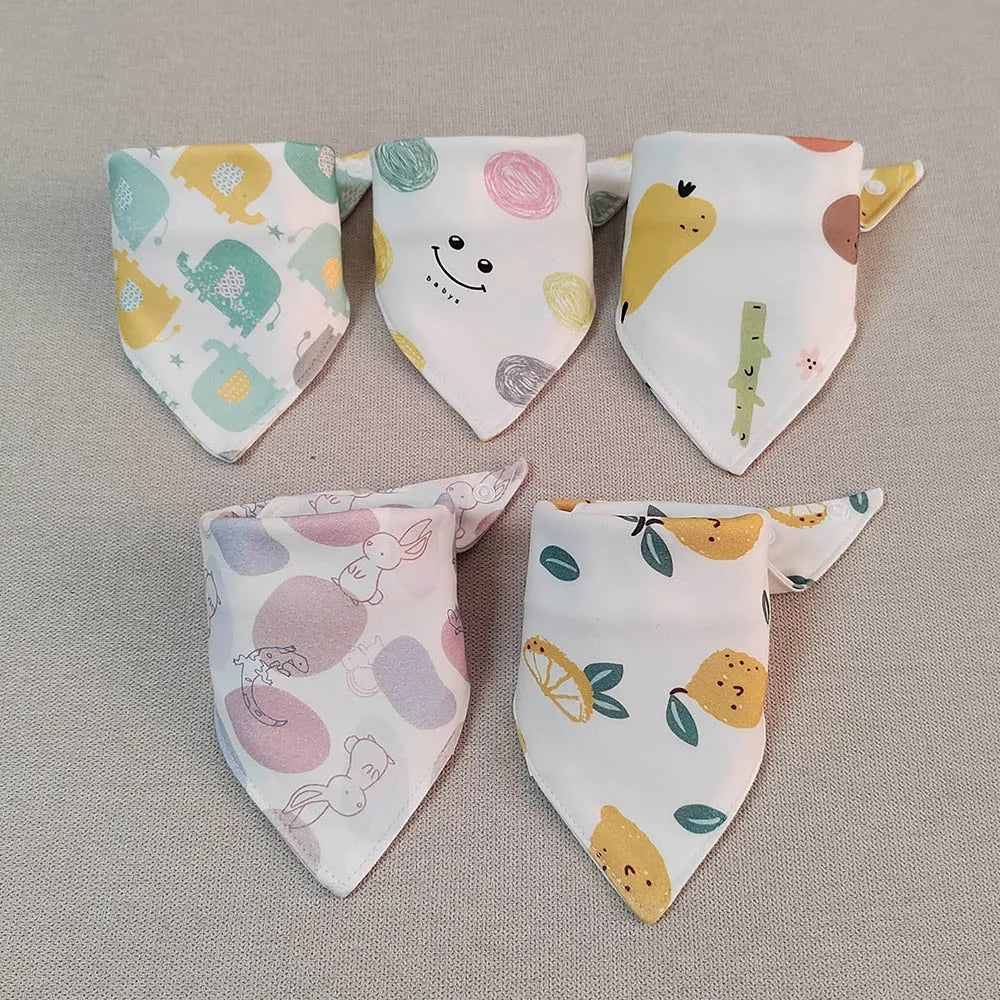 5pcs/lot Baby Bibs Triangle Double Cotton Bibs Cartoon Print Saliva Towel Baby Boys Girls Feeding Apron Cotton Bandana Bibs