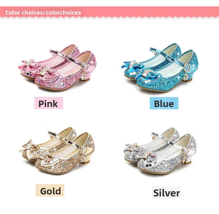 Princess Kids Leather Shoes for Girls Flower Casual Glitter Children High Heel Girls Shoes Butterfly Knot Blue Pink Silver