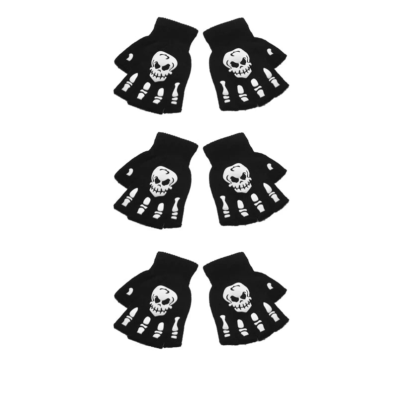 New Punk Gloves Unisex Halloween Skeleton Skull Half Finger Gloves Glow In The Dark Fingerless Stretch Knitted Winter Mittens
