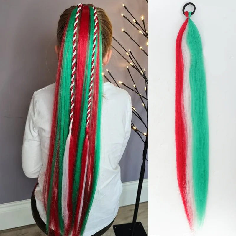 LUPU Synthetic Ponytail Extension with Elastic Tie Hair Band 26" Long Straight Colored Braiding Ponytail Ombre Pink Purple Blue