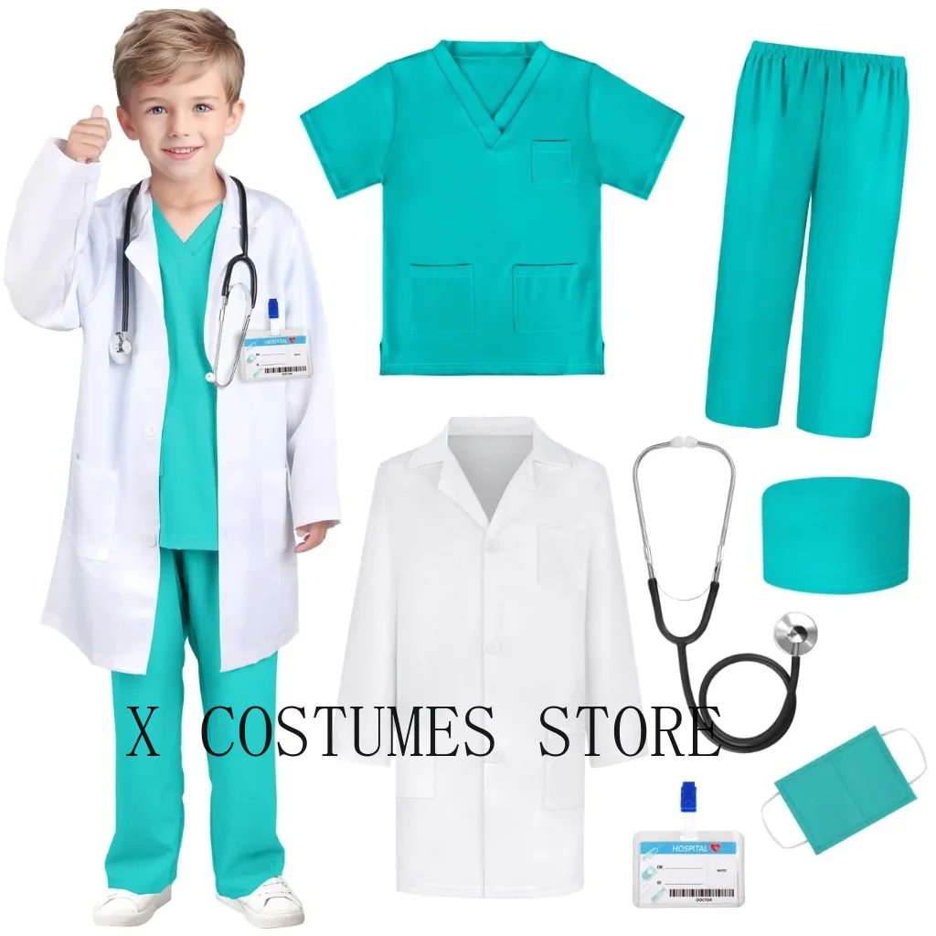 Kid's Doctor Cosplay Nurse Costume Nurse Suit Doctor's V Neck Surgical Suit Boys Girls Halloween Party Epidemic Role Clothing