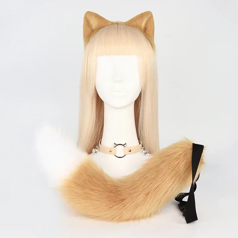 FluffyAnime Animal Fur Fox Tail Cat Paws Gloves and Ears Headwear Face Mask Cosplay Costume  Set Halloween Party Accessorie