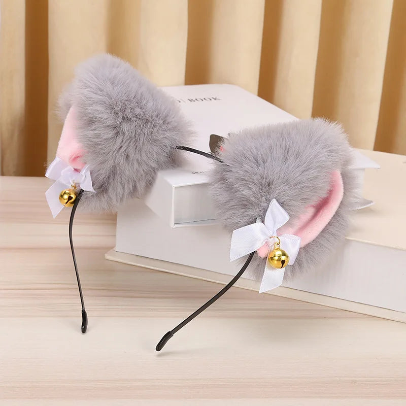Plush Rabbit Sexy Cat Ears Headband for Women Girls Lace Bow Necklace Plush Bell Hairband Cosplay Masquerade-Party Costume Hair