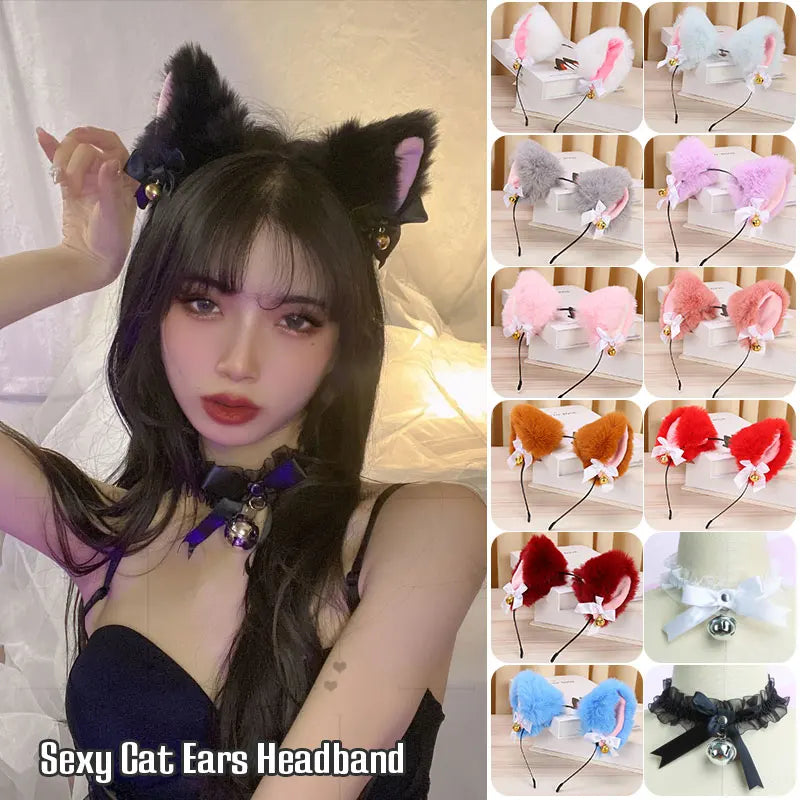 Plush Rabbit Sexy Cat Ears Headband for Women Girls Lace Bow Necklace Plush Bell Hairband Cosplay Masquerade-Party Costume Hair