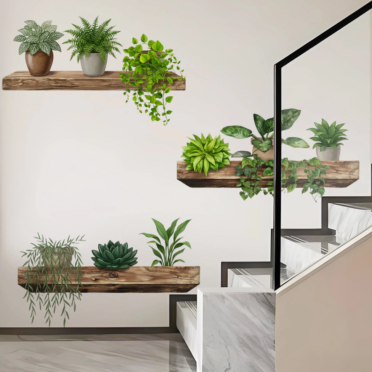 Green Plant Wall Sticker Waterproof Vinyl Wall Decal with Potted Plants for Bedroom, Living Room, Kitchen, Entryway Home Decor