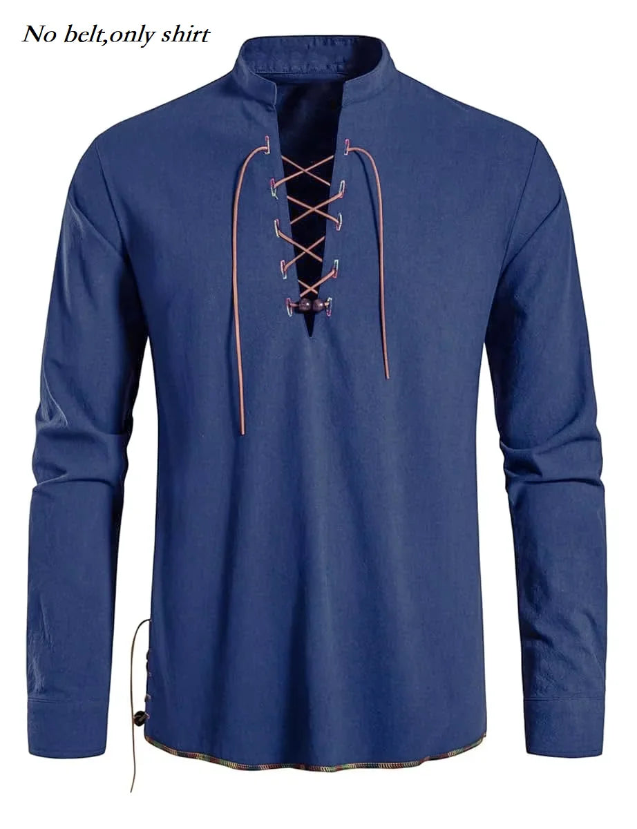 Runcati Mens Medieval Pirate Shirt Cotton Retro Lace Up Renaissance Shirts Viking Long Sleeve Halloween Costume Tops