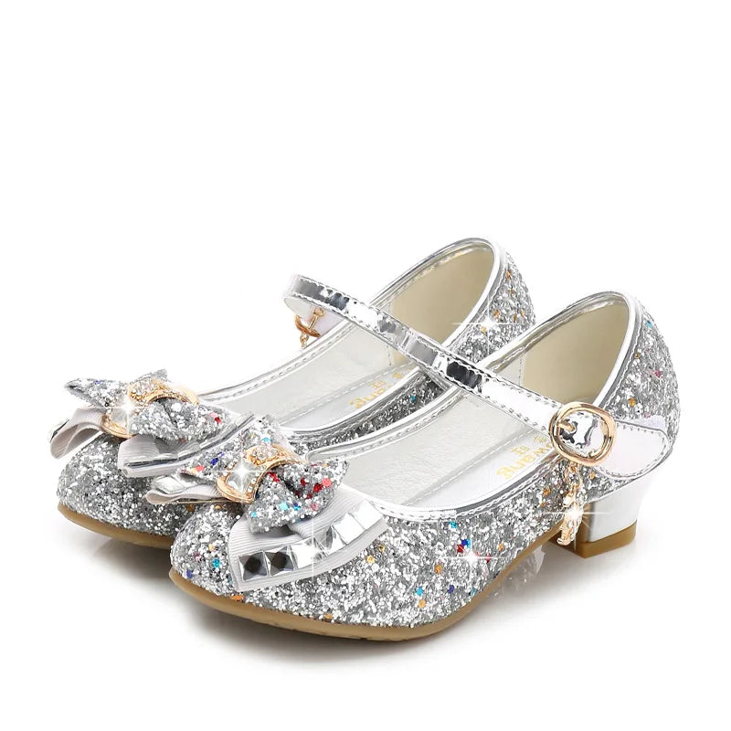 Children Princess Sandals Kids Girls Wedding Shoes High Heels Dress Shoes Bowtie Purple Pink Blue Silver Shoes For Girls