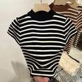 Half Turtleneck Pullover Striped Sweater Sweater Slim Fit Top Shirt Women's Early Spring and Autumn Short Sleeve Bottoming Shirt