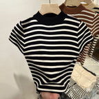 Half Turtleneck Pullover Striped Sweater Sweater Slim Fit Top Shirt Women's Early Spring and Autumn Short Sleeve Bottoming Shirt