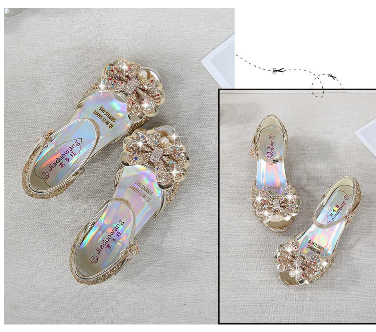Children Princess Sandals Kids Girls Wedding Shoes High Heels Dress Shoes Bowtie Purple Pink Blue Silver Shoes For Girls