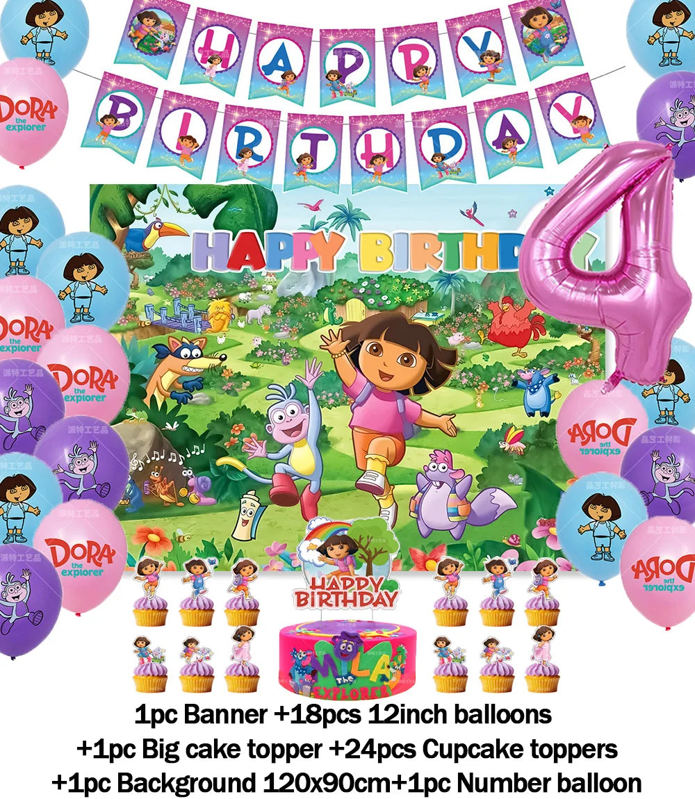 Cartoon-Dora-The-Explorer Theme Kids Birthday Party Digital Balloon Banner Background Cake Topper Decoration Supplies Baby Gifts