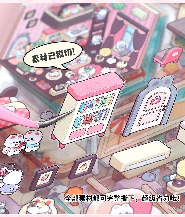 20Pcs Scenes Cartoon Landscape Sticker Book Forest Village DIY 3D Sticker Cabin Scene Pocket Birthday Gift for Kid Child Student