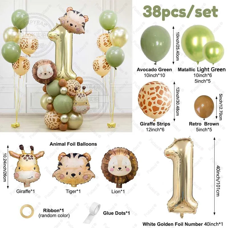 38pcs Wild Animal Balloon Tower with Gold 1-9 Number Balloon for Jungle Safari Birthday Party Decoration Forest Party Supply