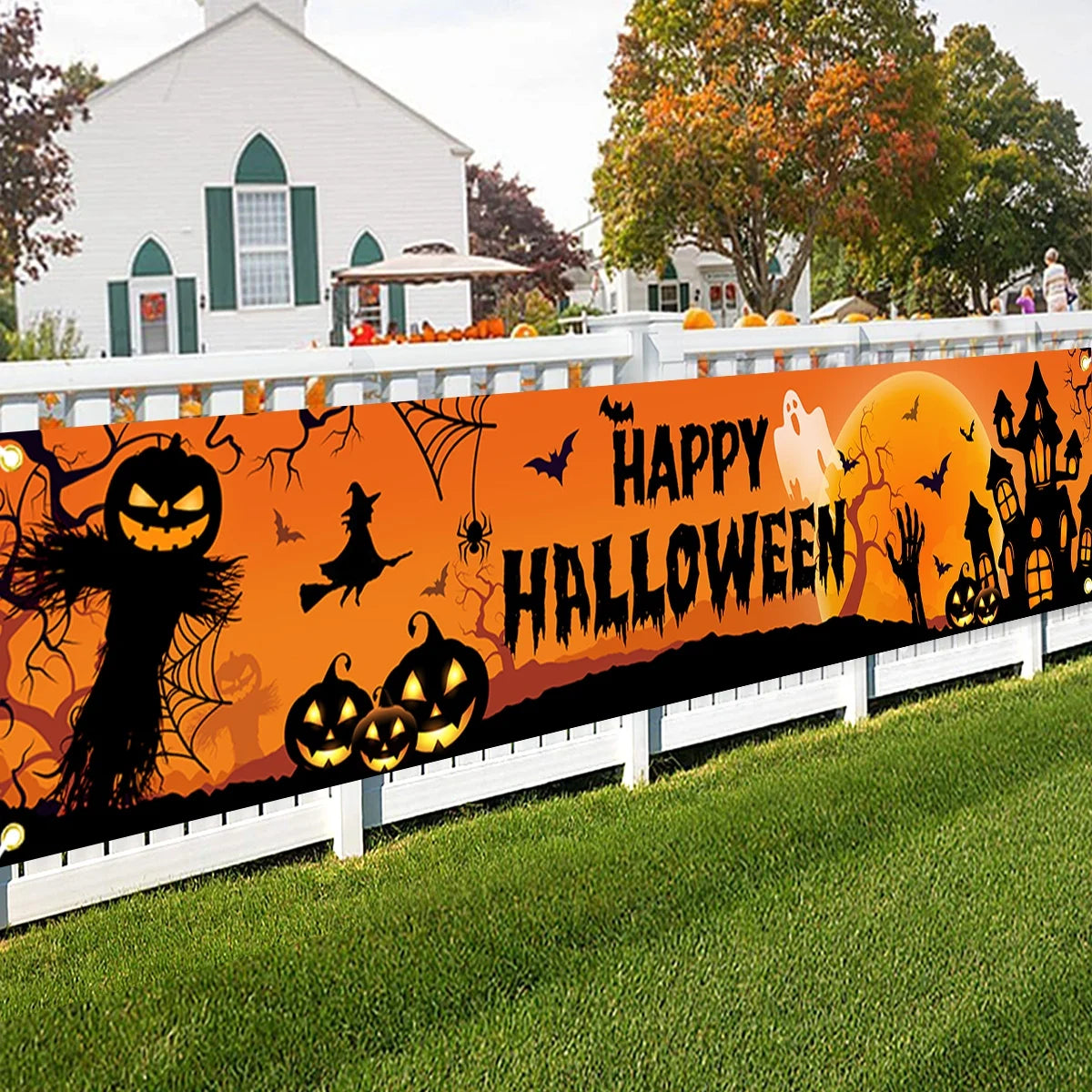Happy Halloween Outdoor Banner Happy Halloween Decoration For Home Pumpkin Bat Print Backdrop Horror Theme Party Suppiles