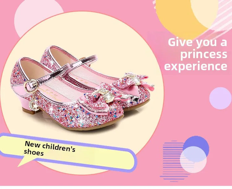 Princess Kids Leather Shoes for Girls Flower Casual Glitter Children High Heel Girls Shoes Butterfly Knot Blue Pink Silver