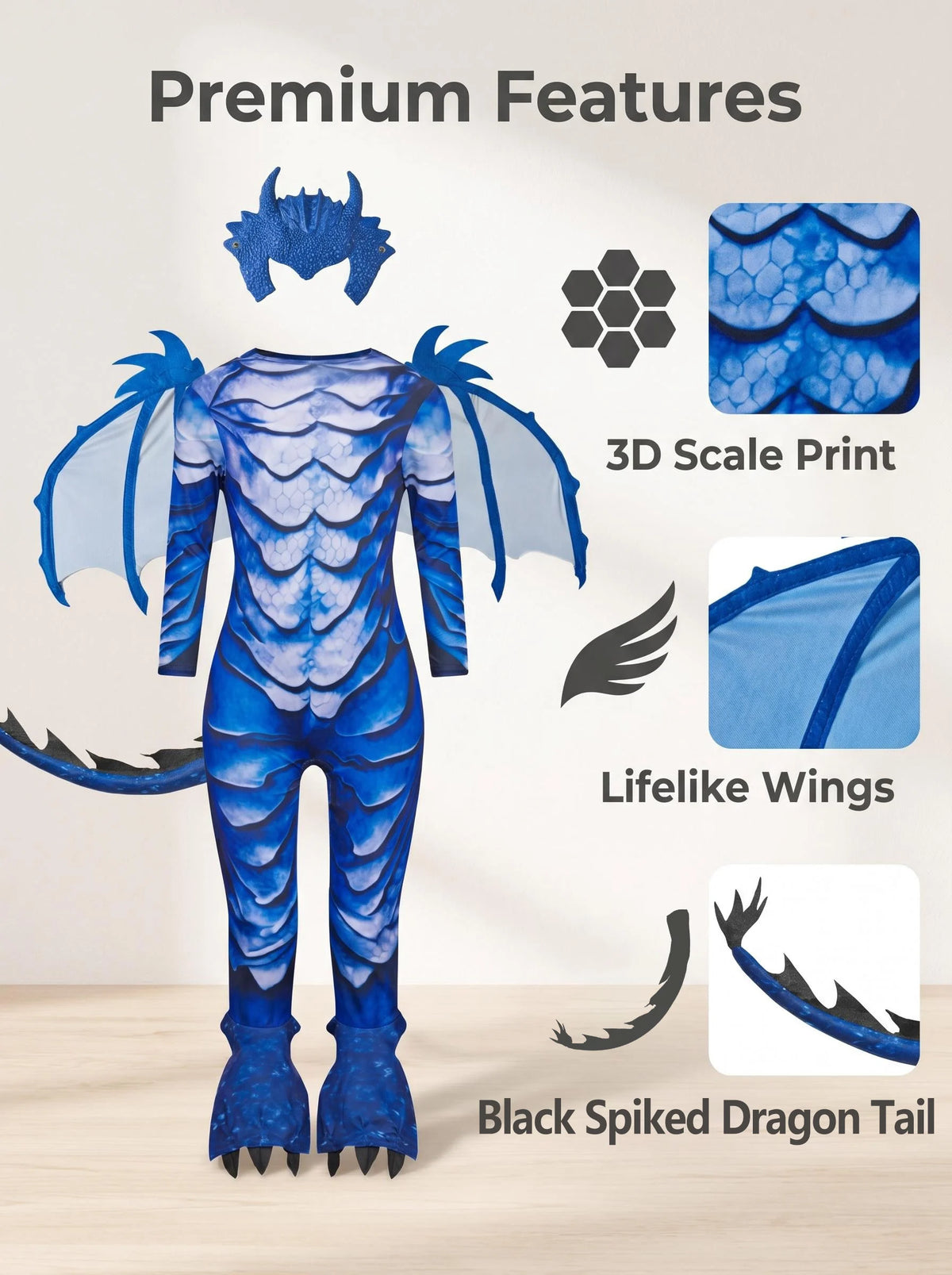 The Frost Blue Dragon Knight Jumpsuit for Kids, Halloween Carnival Theme Party Costume with Wing Tail Mask