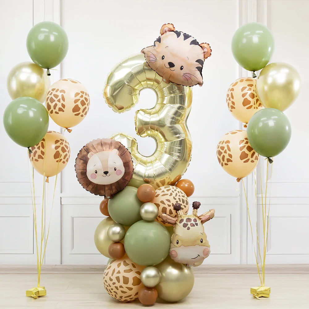 38pcs Wild Animal Balloon Tower with Gold 1-9 Number Balloon for Jungle Safari Birthday Party Decoration Forest Party Supply