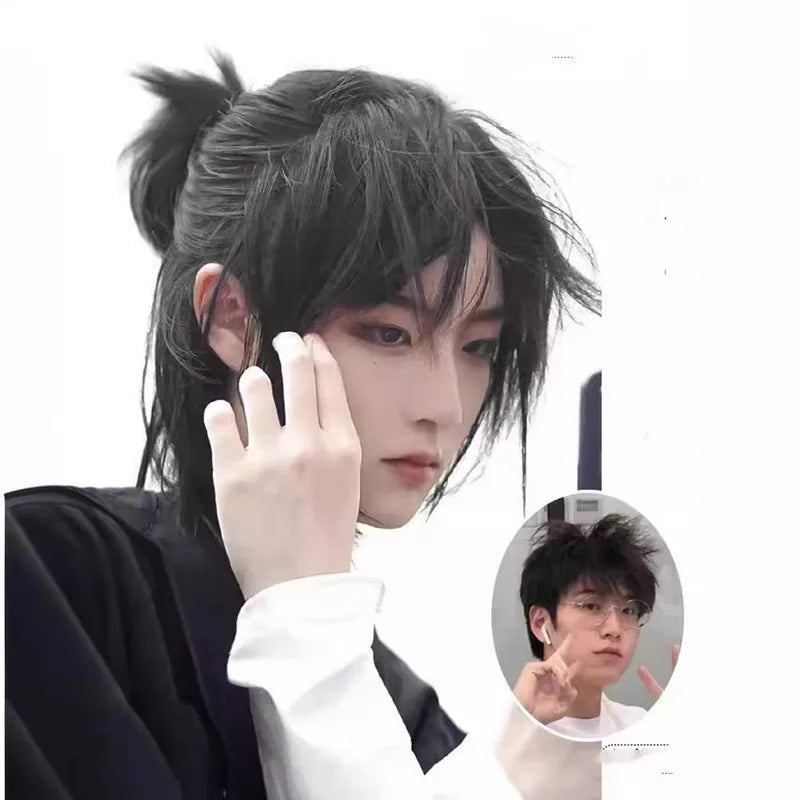 Short Mullet Head Wigs with Bangs Synthetic Straight Anime Men Black Gray Green Hair Wig for Daily Party Cosplay
