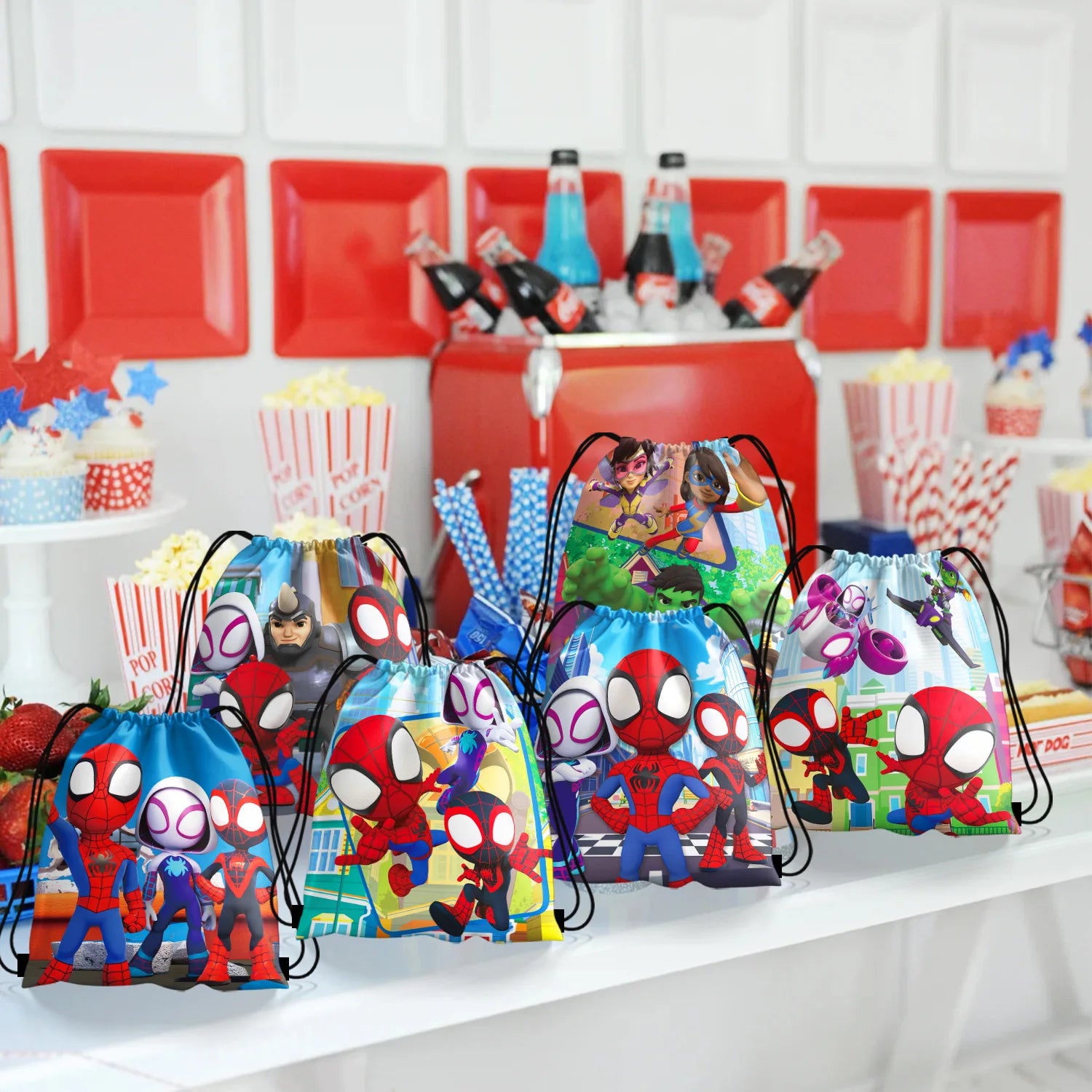 1/4/12Pc Cute Spider Nonwoven Loot Bag Drawstring Pockets Birthday Gift Bags for His Amazing Friends Party Supplies Spider Gifts