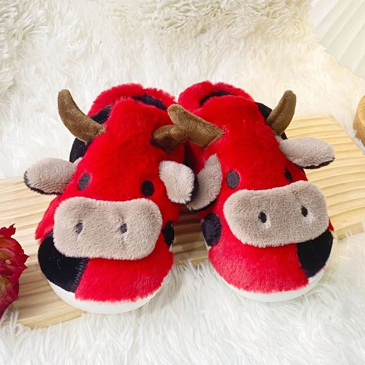 Cow Pattern Plush Slippers Cozy Winter House Shoes for Adults