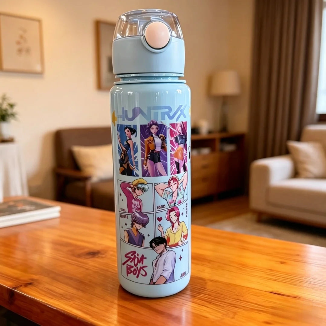 Cartoon Figure Water Bottle, Portable Outdoor Straw Cup for Kids-Girls’ Summer Sports Leakproof Cute
