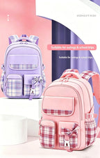 Protecting The Spine Ergonomics Elementary School Students Girls Checkered Backpack Large Capacity Lightweight Waterproof