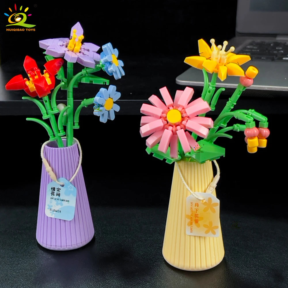 HUIQIBAO MOC Flower with pot Micro Building Block Sunflower Mini Model Bricks set Flowers Toys for Adults home Desk Decoration