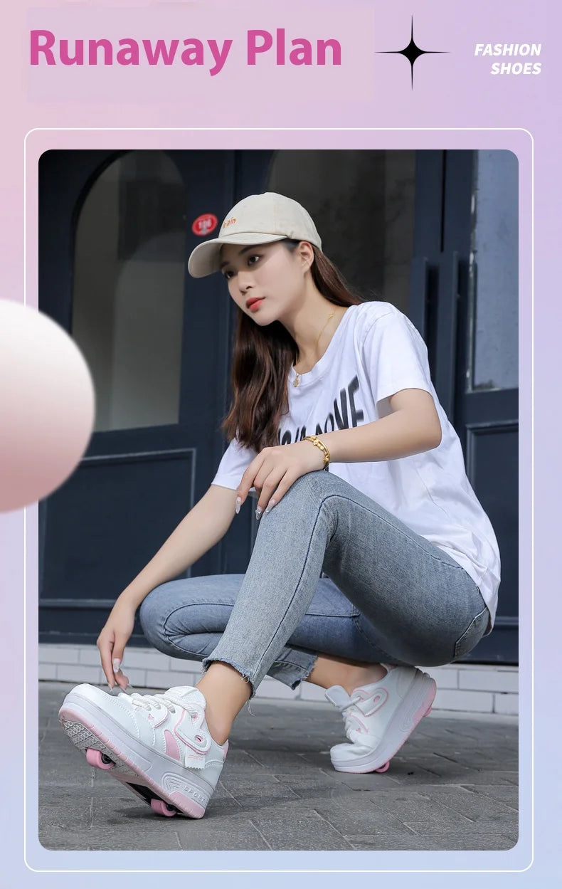 Girls Retractable Roller Shoes Breathable Walking Sneakers