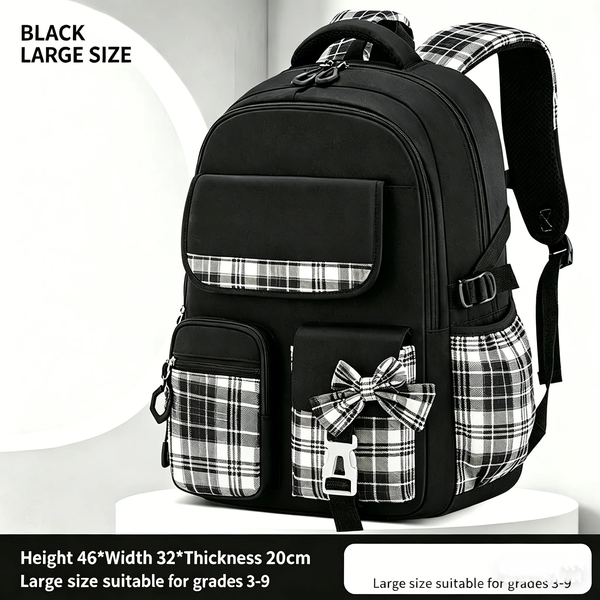 Protecting The Spine Ergonomics Elementary School Students Girls Checkered Backpack Large Capacity Lightweight Waterproof
