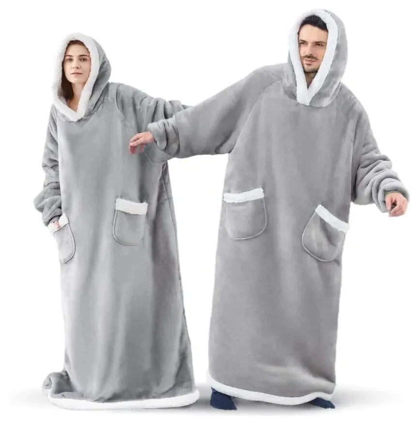 150cm Super Long Flannel Blanket Cold-proof Nightgown Pyjamas Sleeves Winter Hoodies Sweatshirt Women Men Pullover Fleece Giant