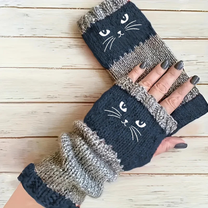 Thermal Winter Gloves Warm Cute Cat Fingerless Gloves Halloween Christmas Unisex Anti-Cold Thickened Touchscreen Mittens
