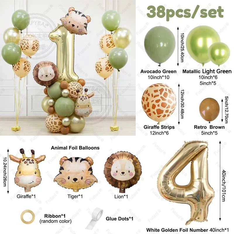 38pcs Wild Animal Balloon Tower with Gold 1-9 Number Balloon for Jungle Safari Birthday Party Decoration Forest Party Supply