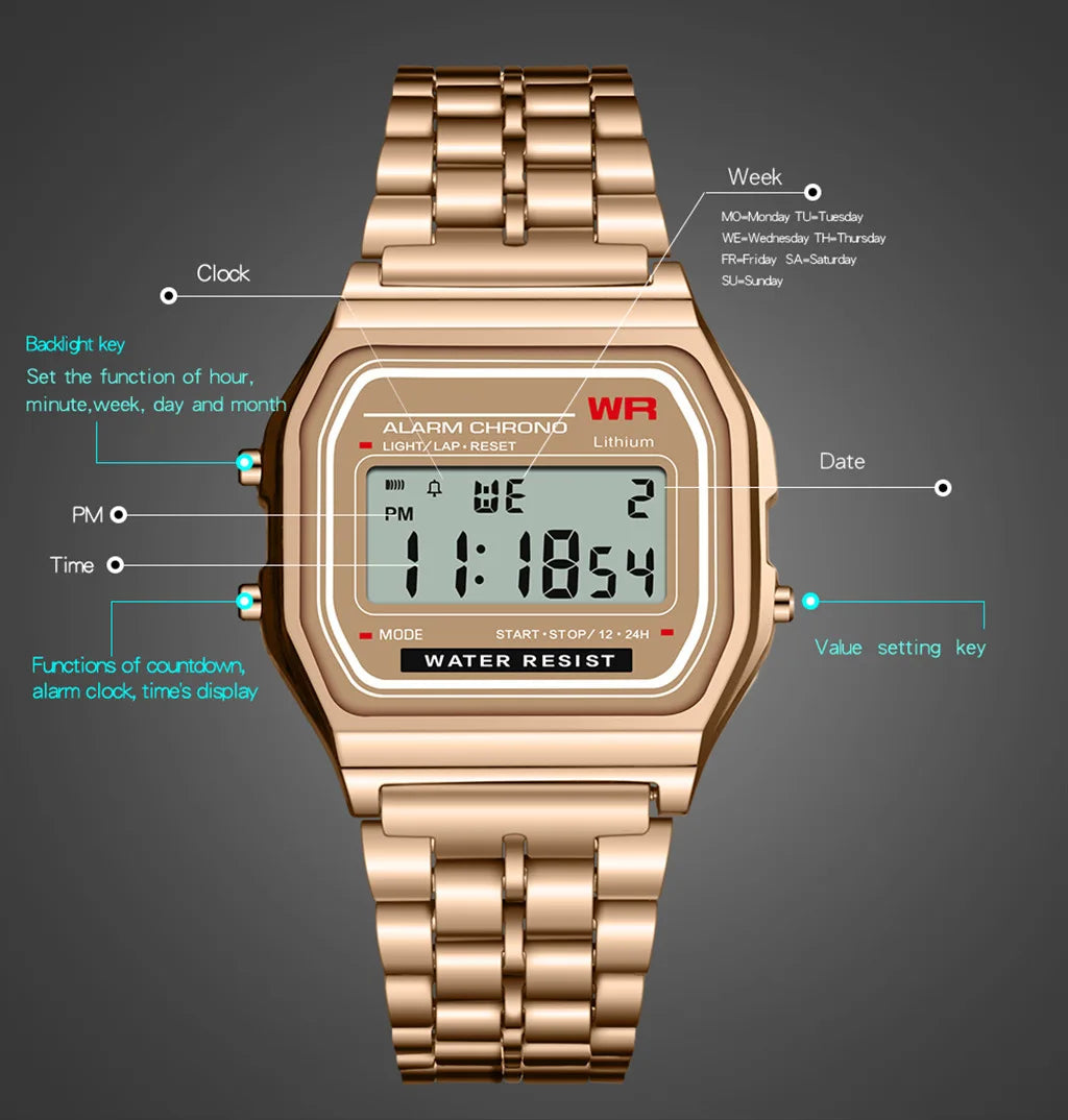 Rose Gold Digital Sports Watch – Retro Electronic Wristwatch