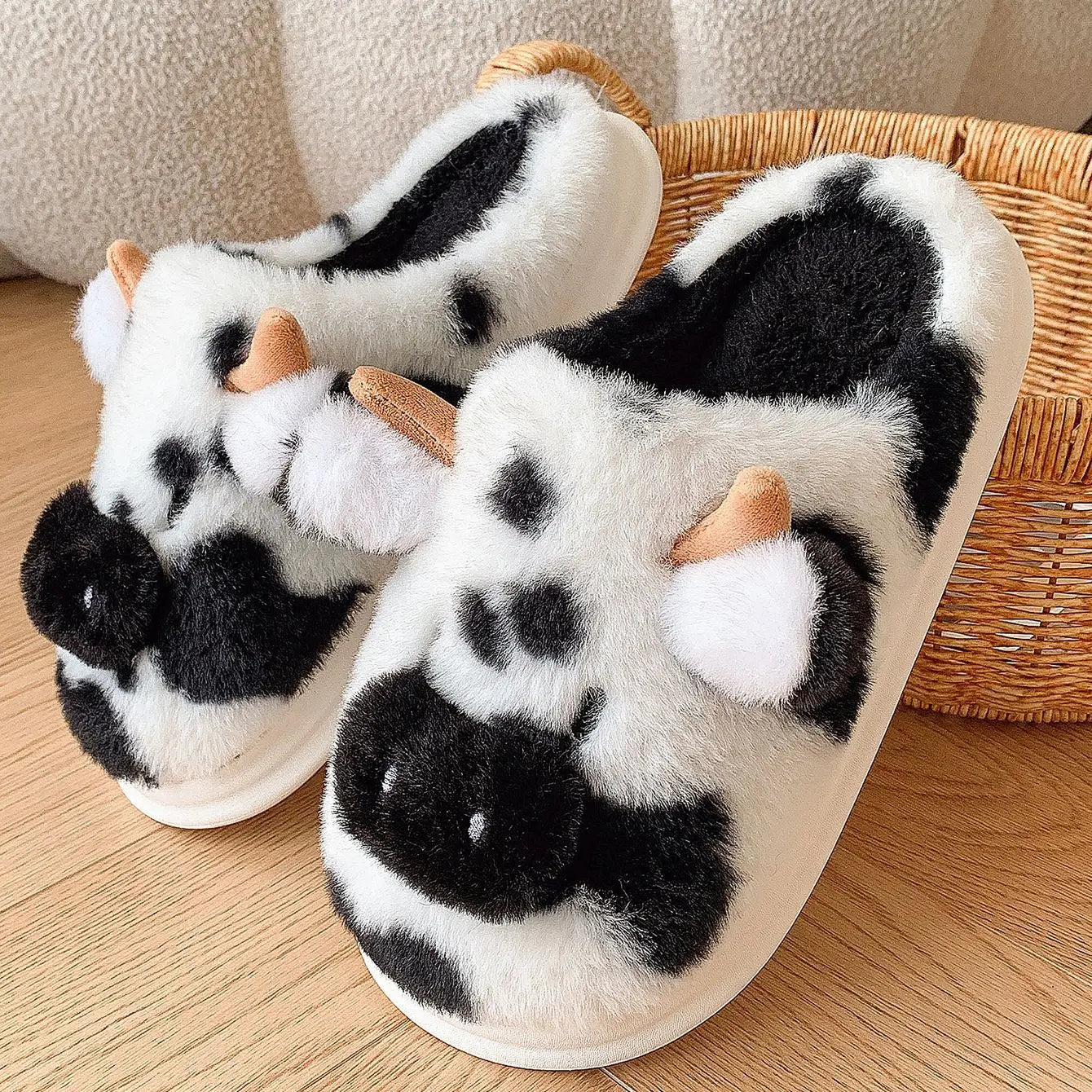 Women's Fluffy Cow Slippers Plush Winter Home Slides Comfort