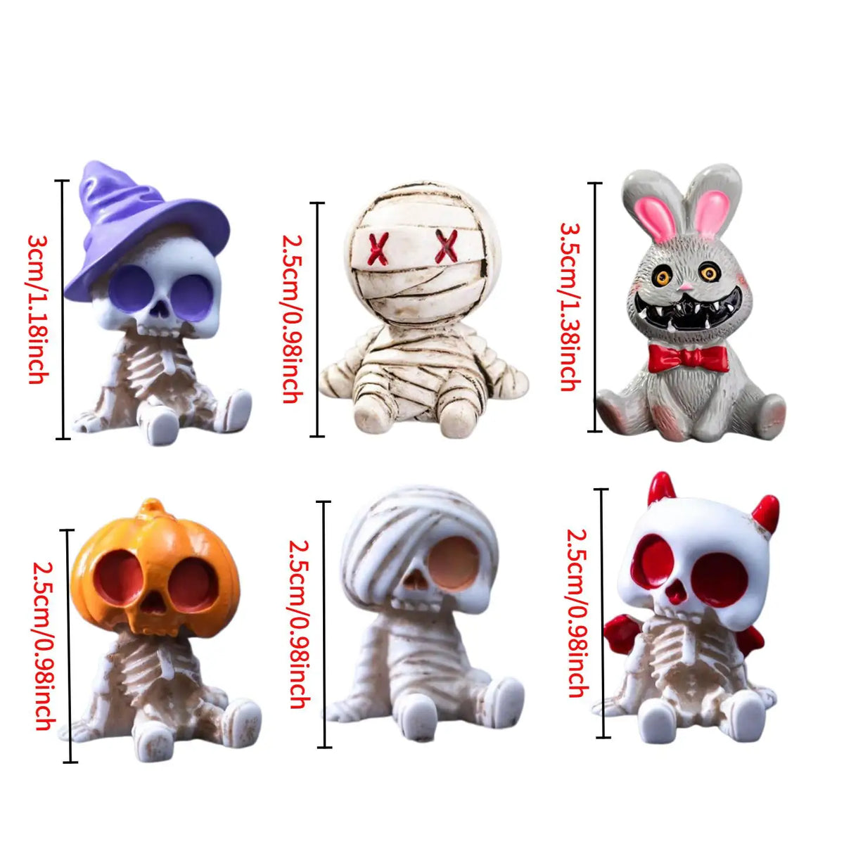 6pcs Halloween Resin Skeleton Mummy Figurines Mini Statues for DIY Micro Landscape Bonsai Car Desk Decor