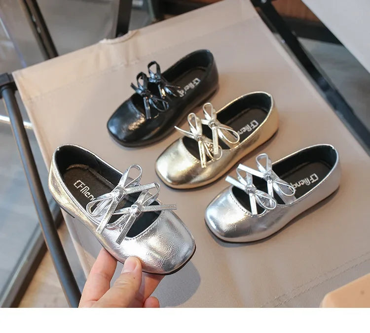 Kids Square Dance Performance Shoes Black Solid Color Girls Princess Shoe with Double Bow 2024 New Girls Leather Shoes Soft Sole