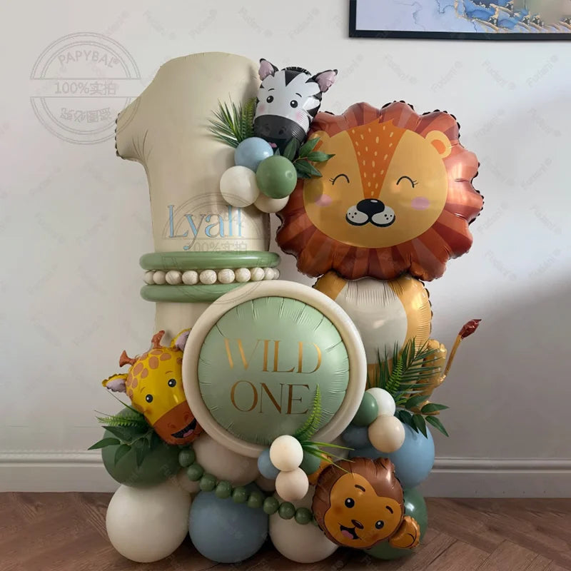 45pcs Lion Giraffe Balloon Cream White Number Birthday Balloon Set Jungle Animal Theme Birthday Party Decoration Suprise Gift