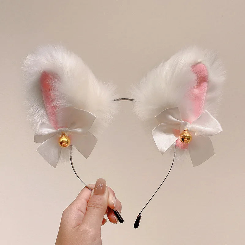 Plush Lace Cat Ears Bell Headband for Women Korean Style Elegant Fashion Girl Hair Band Party Cosplay
