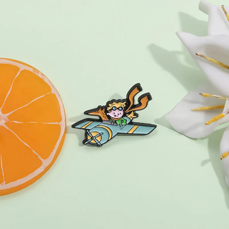 Cartoon Boy & Fox Plane Airplane Pilot Enamel Pins Fairy Tale Characters Brooches Bags Lapel Badge Jewelry Gift for Kids Friends