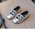Kids Square Dance Performance Shoes Black Solid Color Girls Princess Shoe with Double Bow 2024 New Girls Leather Shoes Soft Sole
