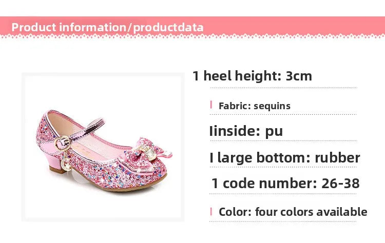 Princess Kids Leather Shoes for Girls Flower Casual Glitter Children High Heel Girls Shoes Butterfly Knot Blue Pink Silver