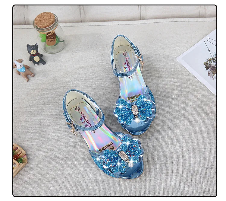 Children Princess Sandals Kids Girls Wedding Shoes High Heels Dress Shoes Bowtie Purple Pink Blue Silver Shoes For Girls