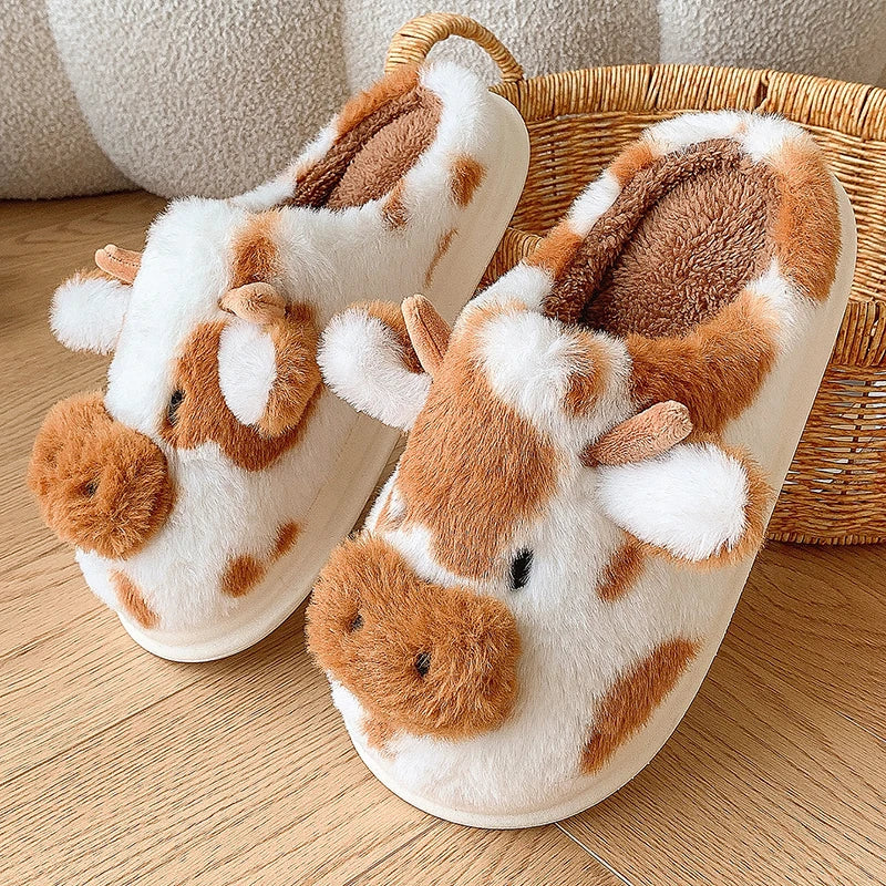 Women's Fluffy Cow Slippers Plush Winter Home Slides Comfort