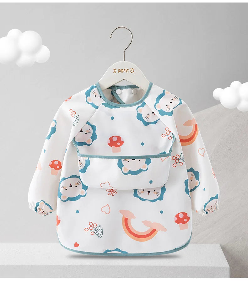 1PC Child Feeding Bib Waterproof Long Sleeve Apron Rice Pocket Feeding Blouse Toddler Bibs Children's Summer Thin Feeding Smock